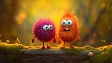 Naklejka premium Super adorable and cute cartoon like forest monsters made from colorful wool felt, this quirky couple of oddball cutie pies are so in love, round and fluffy bodies with big googly eyes.