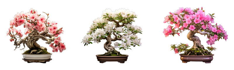 Collection of bonsai trees with flowers on transparent background, generative ai 