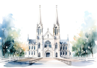 Fototapeta premium Watercolor Catholic Church Painting on White, wedding Clip art.