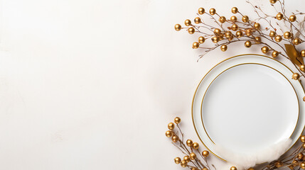 vista superior minimalista Elegante mesa dourada e branca com guirlanda e velas - obrazy, fototapety, plakaty