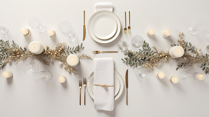 vista superior minimalista Elegante mesa dourada e branca com guirlanda e velas - obrazy, fototapety, plakaty