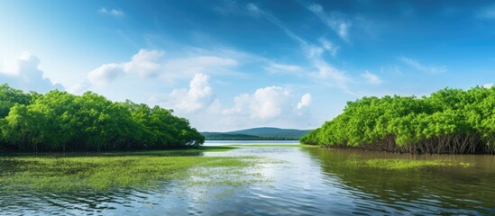 Mangrove forest in Thailand s Phang Nga Bay with sunlight and cloudy sky With copyspace for text