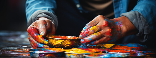 hand mix paints with brush in palette in art-class - obrazy, fototapety, plakaty