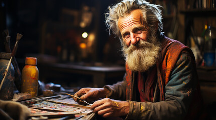 portrait of a mature artist paints a picture hobby and creativity