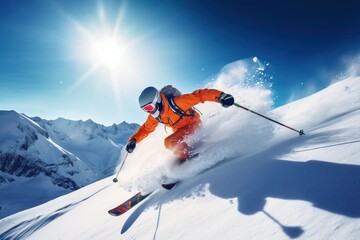 Skier skiing down a mountain slope  - obrazy, fototapety, plakaty