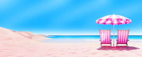 Pink beach chairs with umbrella cushions on a beautiful sandy beach. Blue sky and endless sea. Pink beach accessories in the style of popular movie by the ocean. Striped chaise lounge chair at resort
