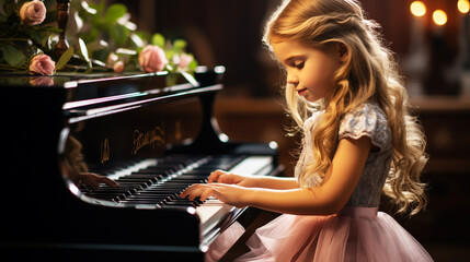 Woman and girl playing a piano. Beautiful woman teaching a little girl playing a piano.
