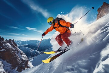 Naklejka na ściany i meble Skier skiing down a mountain slope 