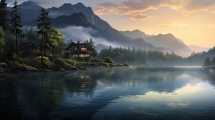  a painting of a lake with a house in the background.  generative ai