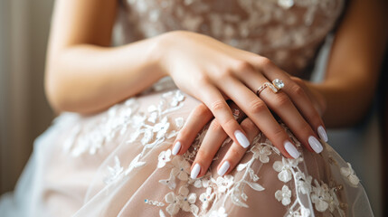 Beautiful female hands with manicure close-up, modern stylish wedding nail design, hands of the bride