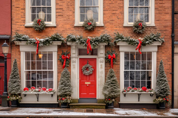 Fototapeta na wymiar christmas decoration on the red door