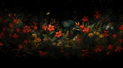 beautiful composition of tropical plants in jungle in a delicate painting style with butterflies and birds, close up atmosphere, reworked and enhanced ai generated illustration