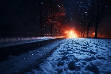 Luminous Blurry snow road middle night. Vehicle transport. Generate Ai