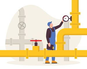 Vector illustration of an inspector checking gas pipes. Cartoon scene with inspector holding folder and checking timer for pressure, gas pipes with faucet isolated on white background.