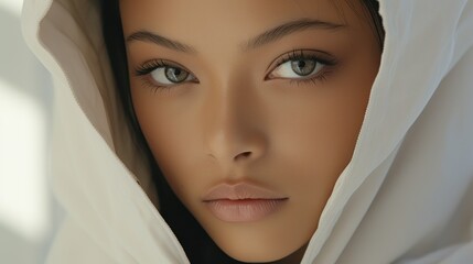 Fashion arabic woman girl female from desert model with light makeup and blue eyes, looking fierce charming and powerful, reworked and enhanced ai generative photography of a not real person.