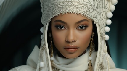 Fashion asian black traditional woman girl female model with makeup and blue eyes, looking fierce charming and powerful, reworked and enhanced ai generative photography of a not real person.