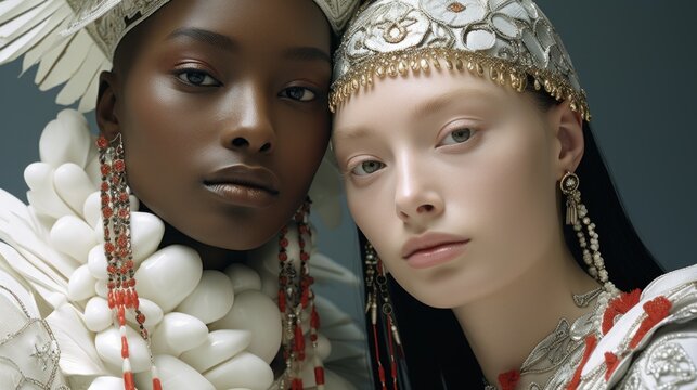 Fashion black and caucasian women girl females models with makeup and blue eyes, looking fierce charming and powerful, lgbtqia+, reworked and enhanced ai generative photography of a not real person.