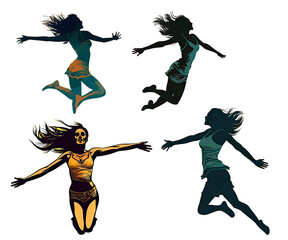 Set of silhouettes of jumping women. Generative ai