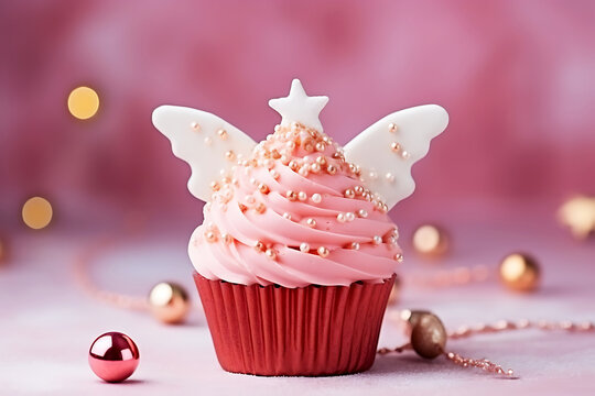 Pink Christmas cupcake with angel wings and a star on top