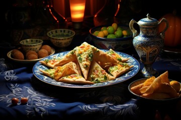 Hearty Board uzbek samsa. Food cooking. Generate Ai - obrazy, fototapety, plakaty