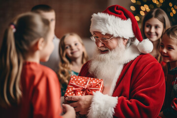Santa Claus giving presents to children in kindergarten or primary school