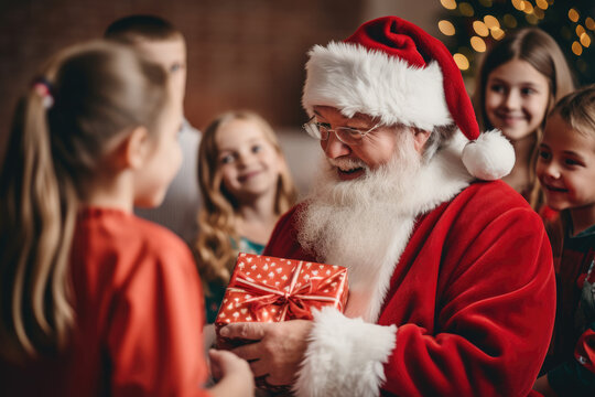 Santa Claus Giving Presents To Children In Kindergarten Or Primary School