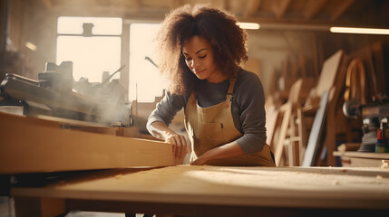 Une femme menuisier en train de fabriquer une pièce en bois.   - obrazy, fototapety, plakaty