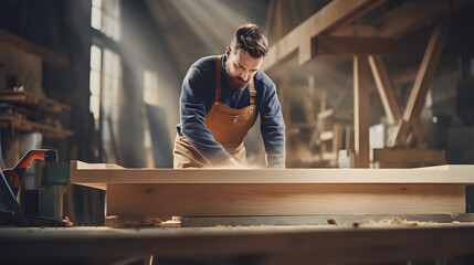 Un homme charpentier en train de construire une pièce de bois.  - obrazy, fototapety, plakaty