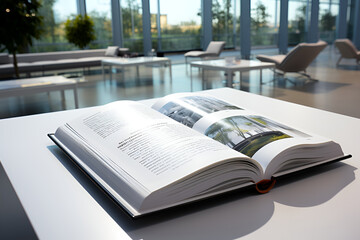 3D design concept of a magazine spread lying on a table in a large modern glass hall against the background of windows with editable text composition - obrazy, fototapety, plakaty