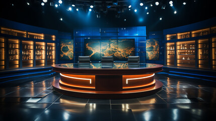 Studio interior for news broadcasting, empty placement with anchorman table on pedestal, digital screens for video presentation