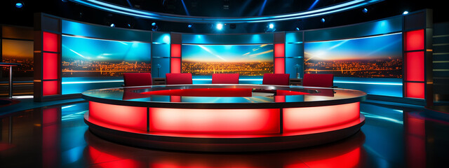Studio interior for news broadcasting, empty placement with anchorman table on pedestal, digital screens for video presentation