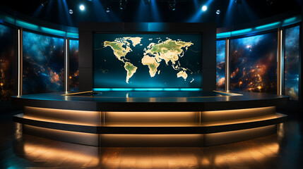 Studio interior for news broadcasting, empty placement with anchorman table on pedestal, digital screens for video presentation - obrazy, fototapety, plakaty