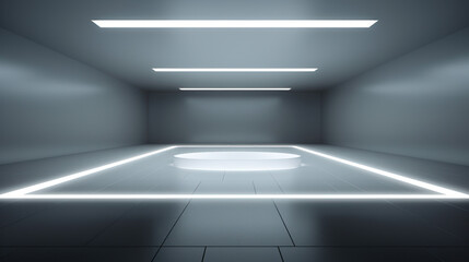 Empty Space Inside Futuristic Room. Showroom, Spaceship, Hall or Studio In Perspective View. White floor. Modern Background Design Concept of Future. Generative AI