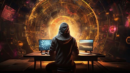 postac w kapturze siedząca tajemniczo przed biurkiem z komputerem i monitorami w wirującej przyszłości.
