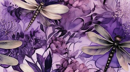  a painting of dragonflies and flowers on a purple background.  generative ai