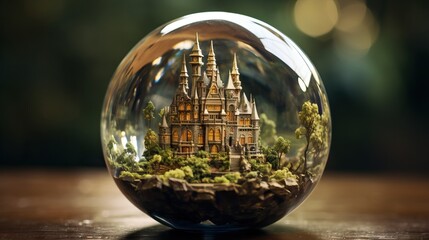  a glass ball with a castle in it on a table.  generative ai
