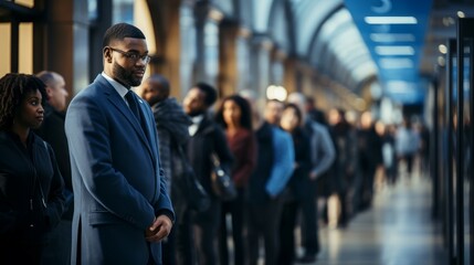 People waiting in line at a train station for insurance services - obrazy, fototapety, plakaty