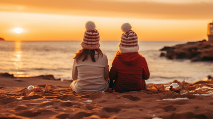 Lovely couple with Santa hats together on beach, back view. Christmas vacation