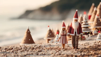 Foto op Plexiglas Lovely couple with Santa hats together on beach, back view. Christmas vacation © alexkich