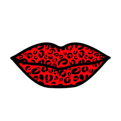 Leopard lipstick kiss. Red lips print with animal pattern. Vector template for greeting card, poster, banner, label, etc.
