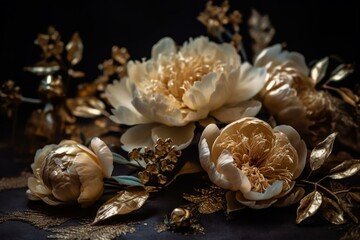 A bouquet of light peony flowers with delicate and elegant elements of gold. Generative AI