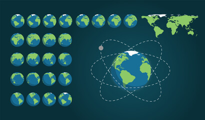 Earth Animation Set. A physical map with the continents of the earth. Trajectory of the Earth's satellite, the Moon. Vector illustration - obrazy, fototapety, plakaty