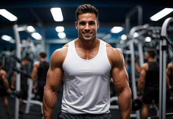Portrait of handsome muscular caucasian fitness trainer, gym background, healthy lifestyle and sport concept 