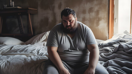 Un homme sur son lit souffrant de son obésité et d'une dépression tout seul. - obrazy, fototapety, plakaty
