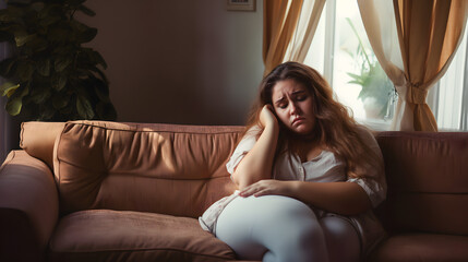 Un femme sur un canapé souffrant de son obésité et d'une dépression toute seule.