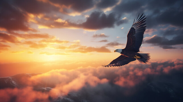Flying eagle on beautiful sunset sky background - Bird of prey