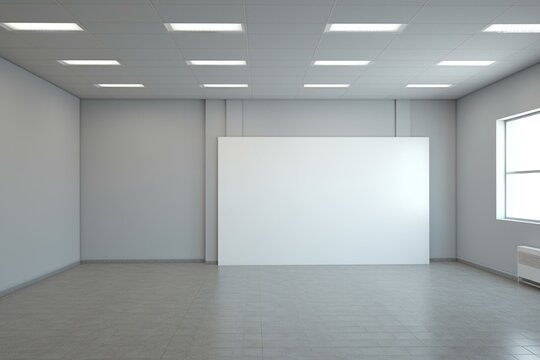 View of dim office room with blank canvas. Generative AI