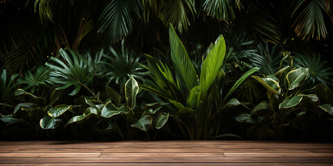 Smooth wooden surface against a background of tropical leaves.