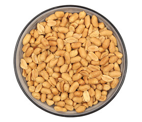 Roasted and salted peanuts pile in bowl isolated on white background, top view