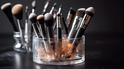new white make up brushes in metal patterned glass